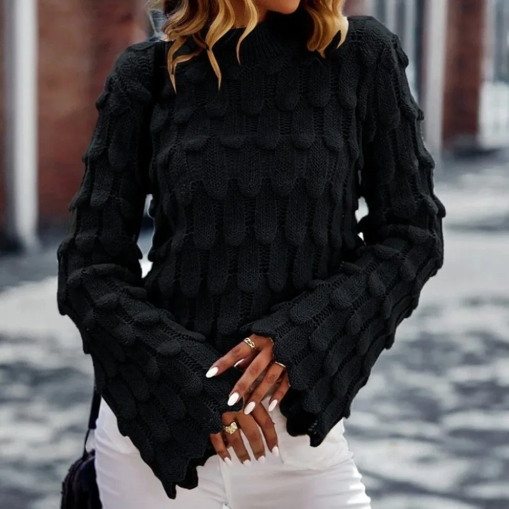 Mock Neck Trumpet Sleeve Textured Knit Sweater grayish black - Picture 2 of 5